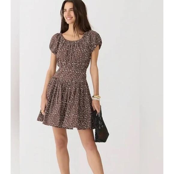 J. Crew Drop Waist Cotton Poplin Mini Dress Womens 8 Brown Floral Pockets Summer - Picture 1 of 11